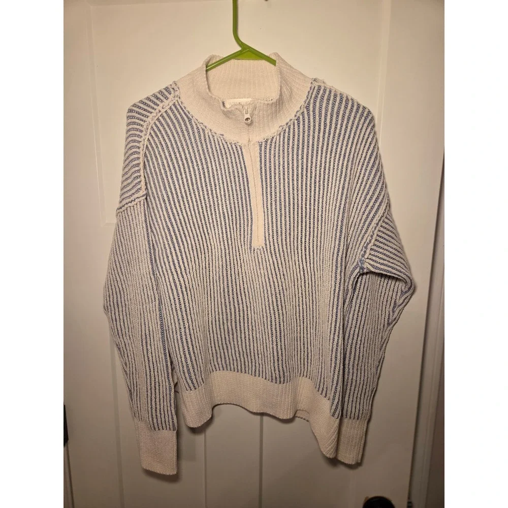 Ultra‎ Flirt Womens Blue Cream Striped Quarter Zip Ribbed Knit Sweater Large